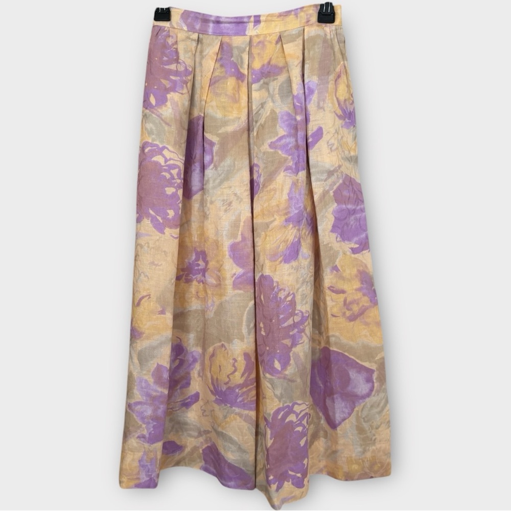Vintage 70s Harold Pleated Purple Yellow Floral Linen Midi Skirt Women Size 4